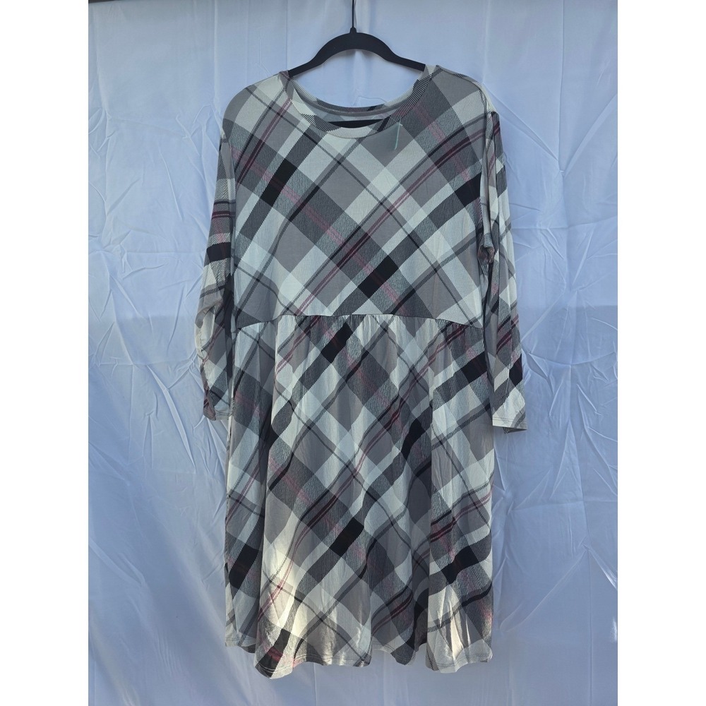Maurices 24/7 Womens XL Grey Plaid Empire Waist Pocket Midi Dress NWT Stretch